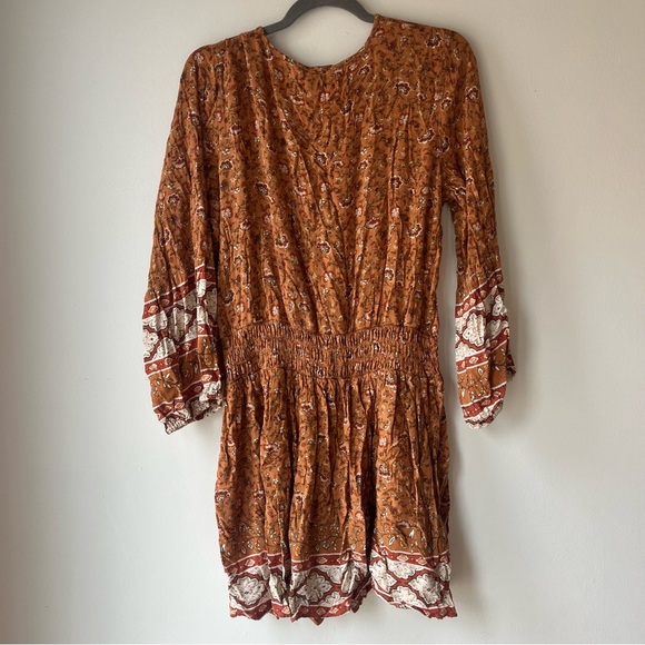 American Eagle Rust Floral Boho Mini Dress XL Bell Sleeve Smocked Waist Festival - Picture 11 of 12